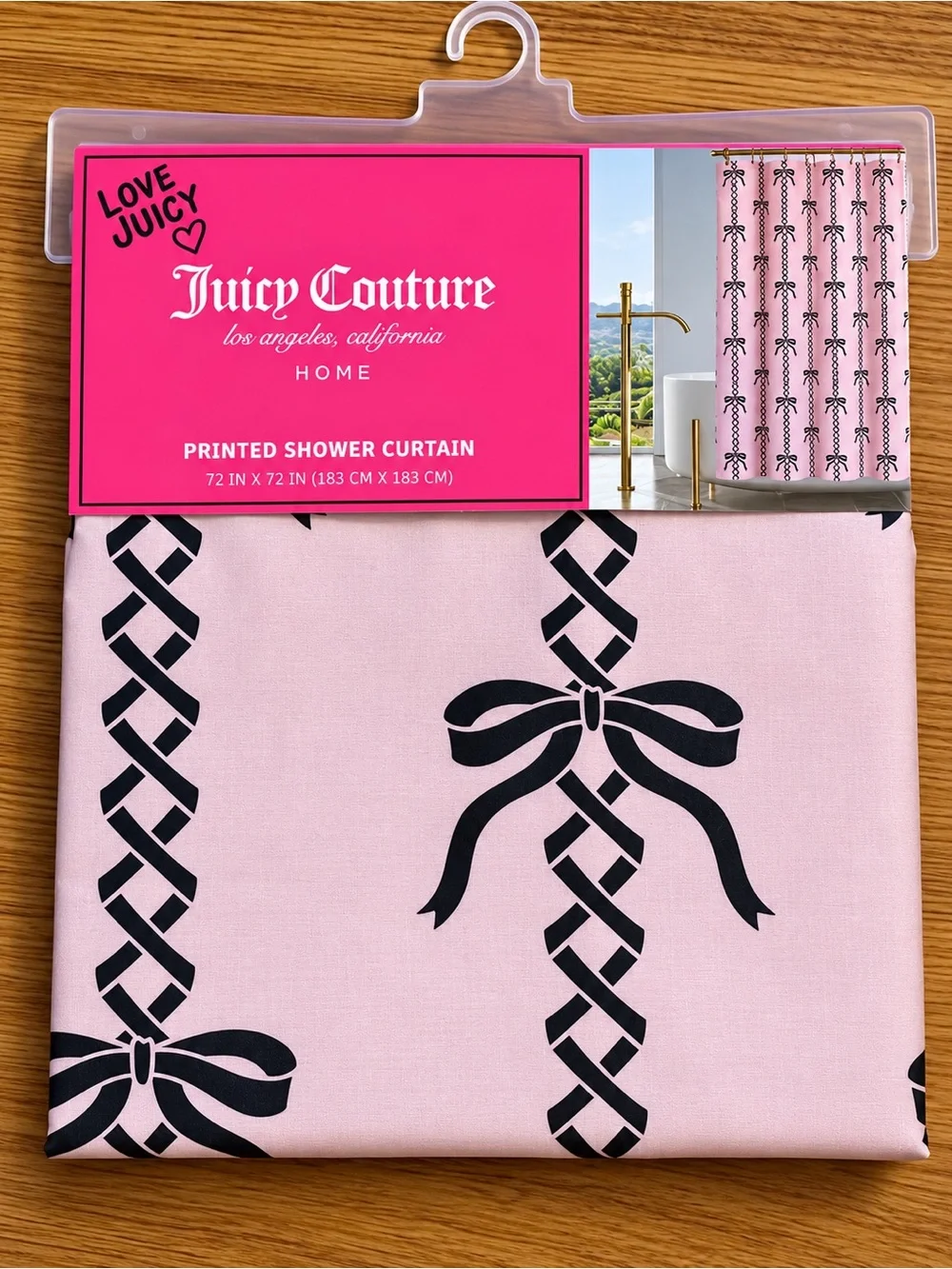 Juicy Couture Pink & Black Bow Print Shower Curtain 72” x 72” NEW
